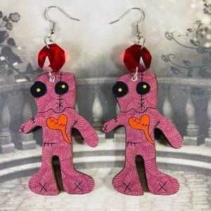 Adorable little pink VooDoo Doll OOAK earrings with red crystals